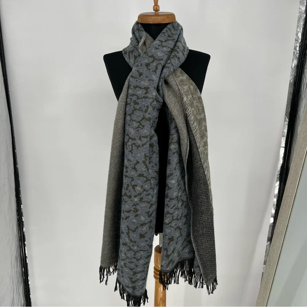 Anthropologie Green Blue Patterned Blend Fringe‎ Scarf